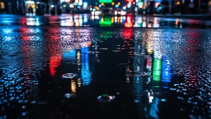 Rain-Kissed City Lights: Reflections in Wet Pavement at Night