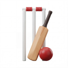 3d icon of a cricket bat, ball, and wicket isolated on a white background, symbolizing sport, game, competition, teamwork, and global athletic play