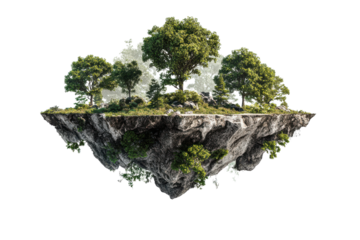 Floating island with green trees and rocky cliff isolated on black stone, Isolated On Transparent Background, Png Cut Out