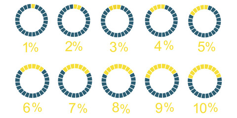 Circle loading or circle progress with percentage . Set of circle percentage diagrams for infographics 0 10 20 30 40 50 60 70 80 90 100 percent. Vector infographic