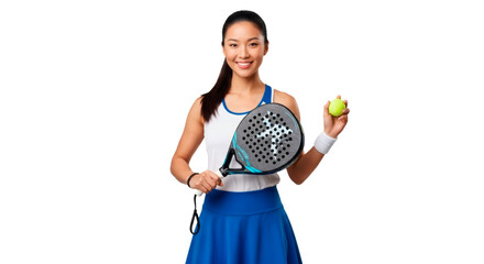 Woman padel player holding padel racket and ball ready for game on court sport activity fitness workout on transparent background