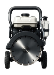 Fototapeta premium Wheeled concrete saw with diamond blade and integrated water supply system.