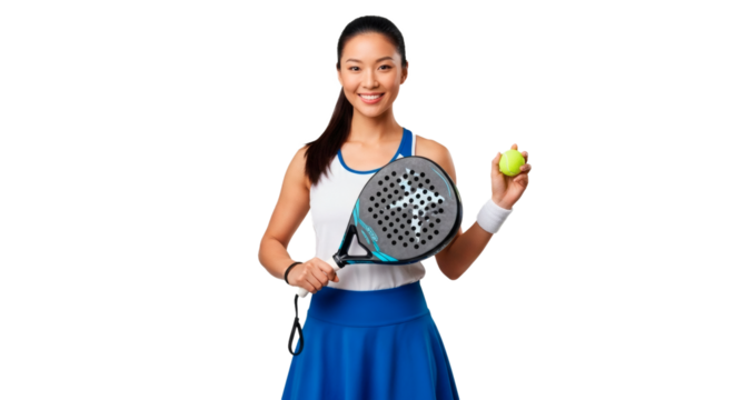 Woman padel player holding padel racket and ball ready for game on court sport activity fitness workout on transparent background