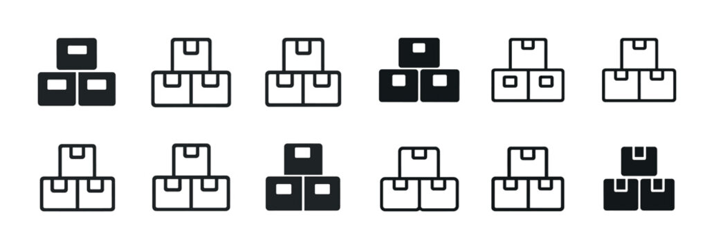 Minimalist icons of stacked shipping boxes in various arrangements