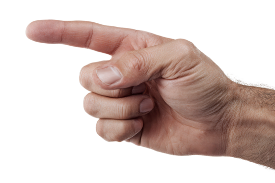Male hand pointing index finger left against black background image, Isolated On Transparent Background, Png Cut Out