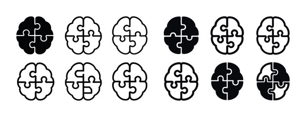 Brain icon set with puzzle design in various styles and colors