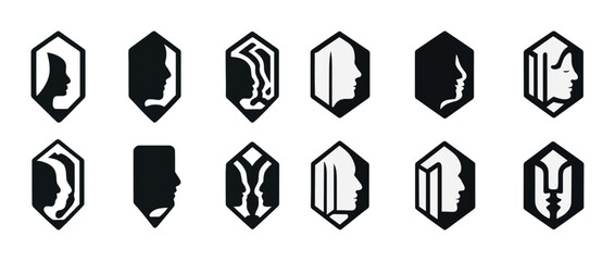 Geometric silhouette portraits: diverse male female profiles in monochrome icons