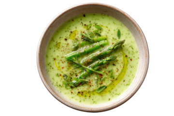 Creamy green asparagus soup with fresh herbs and olive oil image, Isolated On Transparent Background, Png Cut Out
