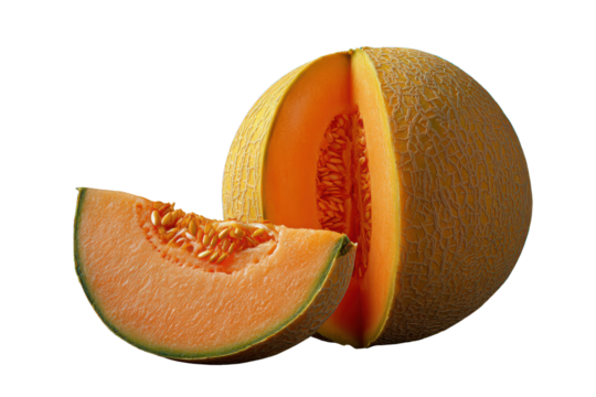 Cantaloupe melon cut in half with a slice showing orange flesh and seeds fruit yellow, Isolated On Transparent Background, Png Cut Out