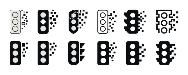 Pixelated traffic light icon set with digital glitch effect