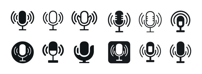 Set of various microphone icons in black and white for audio and communication themes