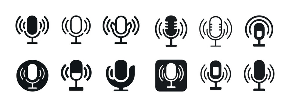 Set of various microphone icons in black and white for audio and communication themes