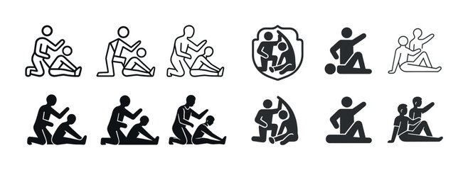 Obraz premium Icon set of sporty stick figures in martial arts positions
