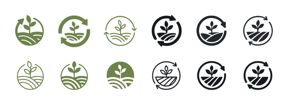 Sustainable agriculture logos featuring eco-friendly plant and circular arrows