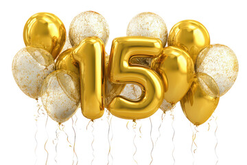 Golden number 15 balloons with confetti and streamers on black fifteen, Isolated On Transparent Background, Png Cut Out