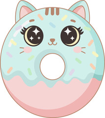 Cute kawaii doughnut, donut with glazing and sprinkles shaped as a cat, kitten charachter. Cute kids dessert, snack donut food. Creative bakery.