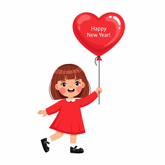 Cute little girl holding a red heart balloon with Happy New Year message.