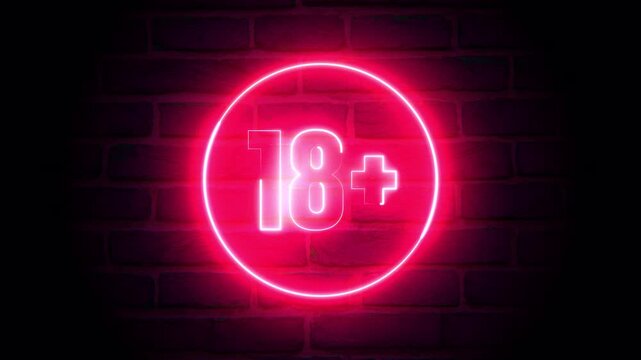 Adults Only 18+ neon sign on brick wall. Age restriction concept video. 4k animation video
