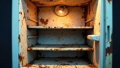 Opened, gutted fridge, revealing bare interior Rust visible , repair needed, maintenance
