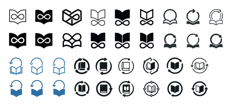 Diverse book and infinity icons in monochrome and blue variations