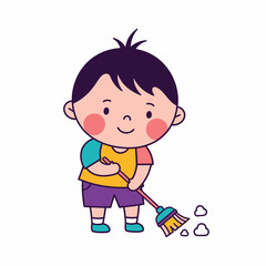Cute cartoon boy sweeping with a broom, doing chores.