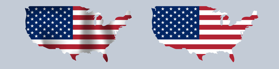 Stylized maps of the united states featuring the national flag design, patriotic themes for educational or celebratory purposes.