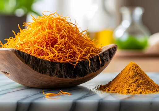 Vibrant orange saffron threads in a rustic wooden bowl with a pile of ground spice.