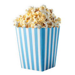 Tasty popcorn in a blue-white striped box on white background