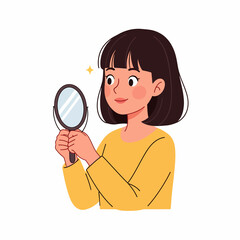 Happy young woman with short hair looking in a hand mirror.