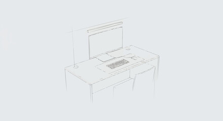 Minimalist Isometric Computer Setup on Desk with Chair.
