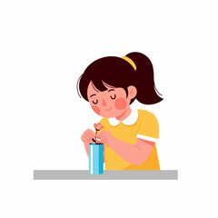 Young girl with dark hair in a ponytail carefully potting a plant.