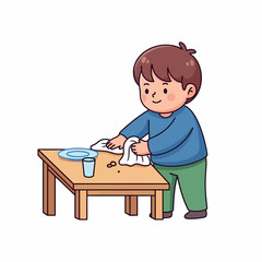 Young boy diligently cleaning the wooden table with a cloth.