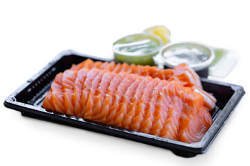Salmon don, salmon with rice in bowl japanese cuisine. Concept of food in the box or take home or delivery food