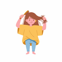 Girl Brushing Her Hair with a Wooden Brush.