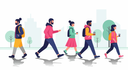 Group of diverse people walking together in urban environment.