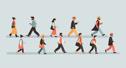 Diverse group of people walking in a line illustration.