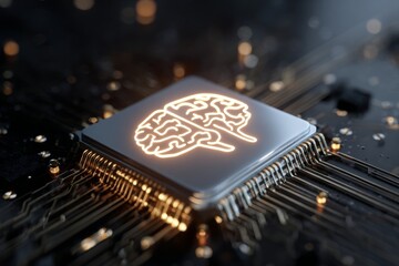 Innovative synthesized mind: a journey into futuristic ai technology. Posthuman existence. Iridescent insights: ai brain chip icon woven with detailed circuitry. Robotic evolution.