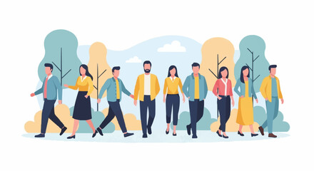 A diverse group of young men and women walking together.