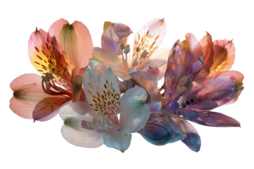 Delicate Alstroemeria Flowers with Speckled Petals Against Black Background floral bloom, Isolated On Transparent Background, Png Cut Out