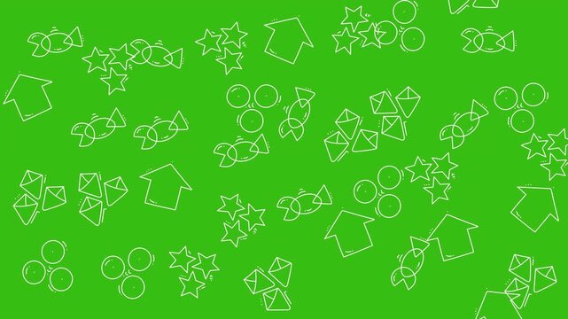 Green background with white drawn stars candies circles arrows. Ideal for festive graphics, holiday designs, childrens party invitations, and scrapbooking projects.