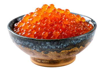 Bowl of vibrant orange salmon roe ikura caviar isolated on black image, Isolated On Transparent Background, Png Cut Out