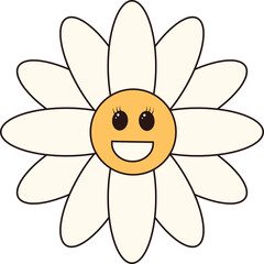 Charming cartoon daisy flower with a happy face and white petals isolated on a transparent background