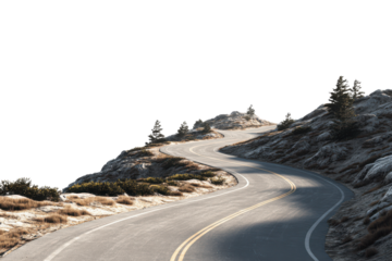 Winding asphalt road with yellow lines on a rocky mountain slope with trees curve, Isolated On Transparent Background, Png Cut Out