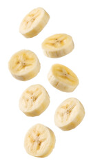 Falling sliced banana pieces isolated on transparent background