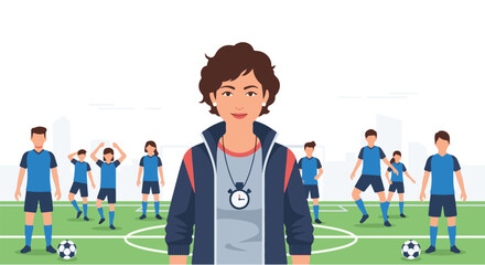 Energetic female soccer coach leading a dynamic youth team practice on a vibrant green field, fostering skill development and teamwork in an urban park setting