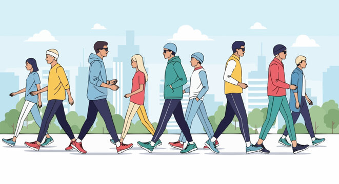 Diverse Group of People Walking Together in a City.