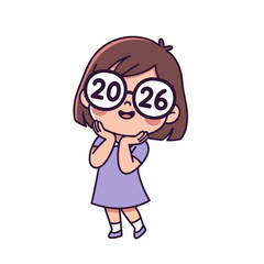Fototapeta premium Cute cartoon girl wearing glasses with the year 2026.