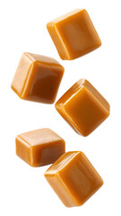 Falling caramel candies isolated on transparent background