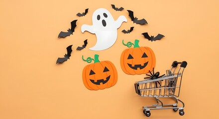 Halloween shopping cart with ghost and pumpkins on orange background