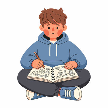 Young Boy Drawing in Sketchbook with Pencil.